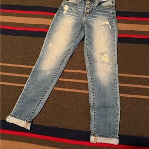 KanCan high rise, button-fly distressed skinny/straight jeans.